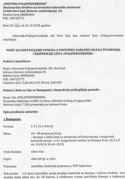Poziv za dostavljanje ponuda u postupku nabavke usluga štampanja i ekspedicije lista "Poljoprivrednik"