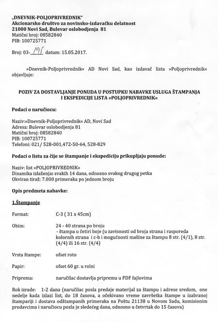 POZIV ZA DOSTAVLJANJE PONUDA U POSTUPKU NABAVKE USLUGA ŠTAMPANJA LISTA POLJOPRIVREDNIK